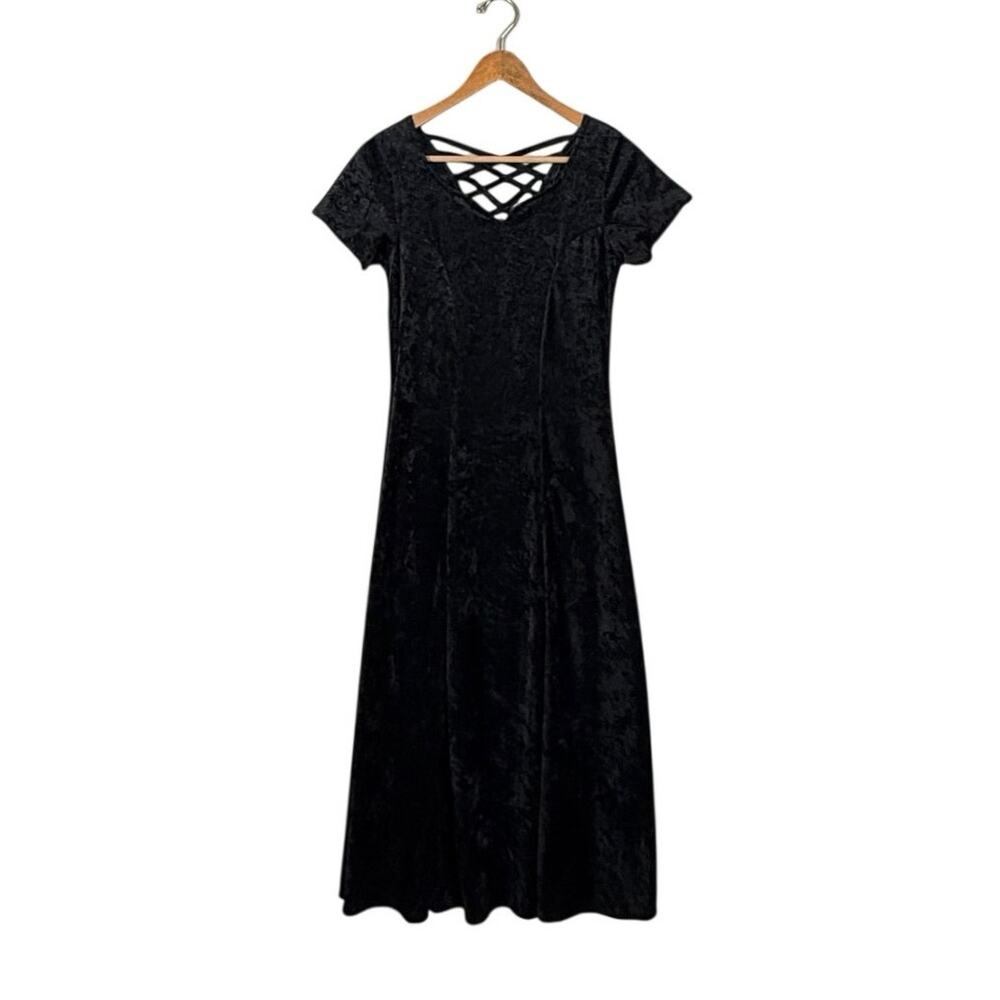 Vintage 90s Styleworks Black Crushed Velvet Maxi Dress Gothic Whimsygoth Small - Picture 9 of 10